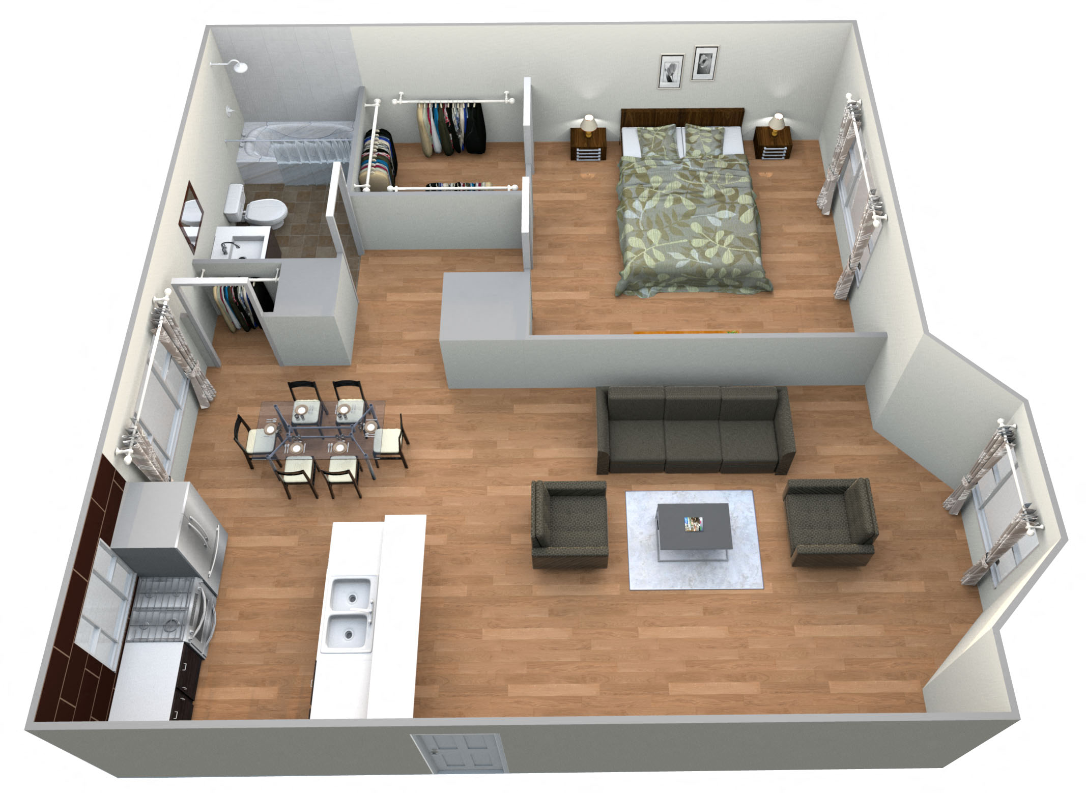 Floor plan for 1 bed, 1 bath, 746 sqft